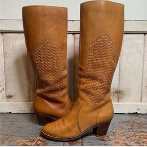 Vintage Leather Knee High Woven Heeled Boots